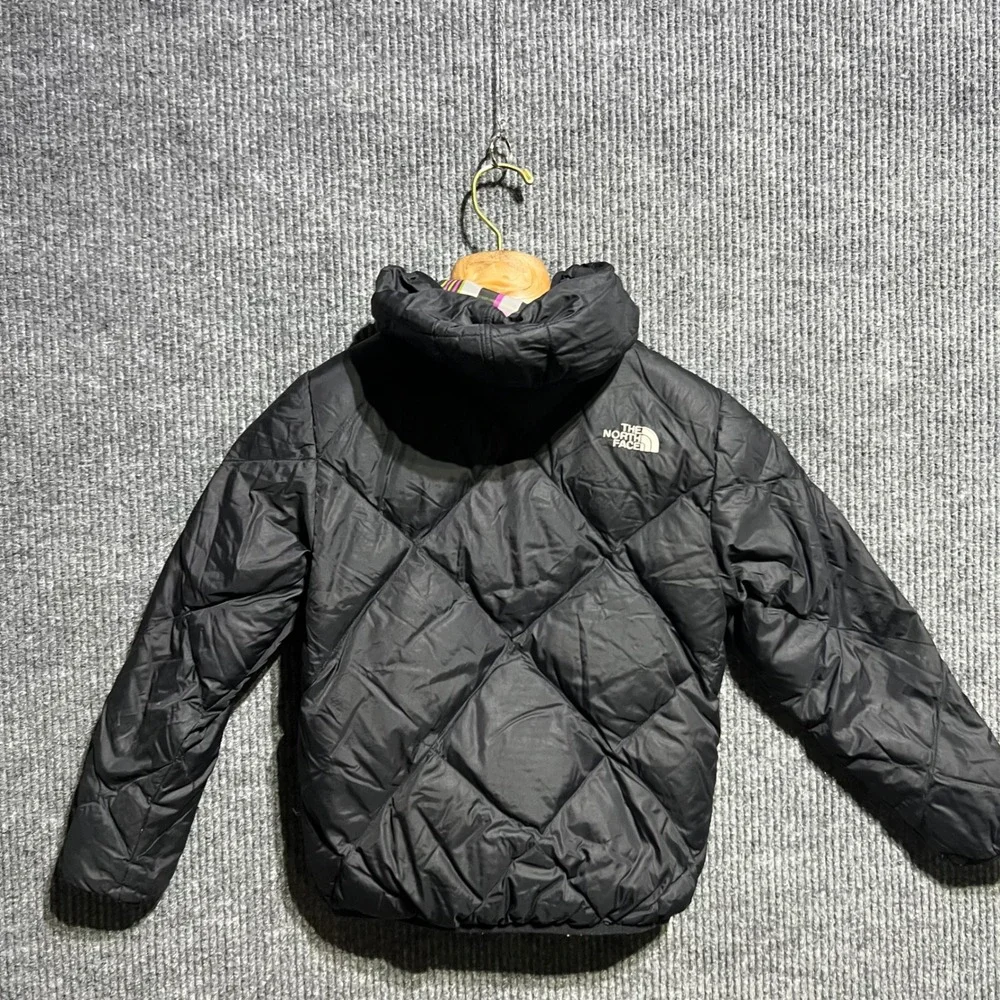 The North Face Reversible Puffer Jacket Girls S 7/8 Black Plaid 550 Down Hooded